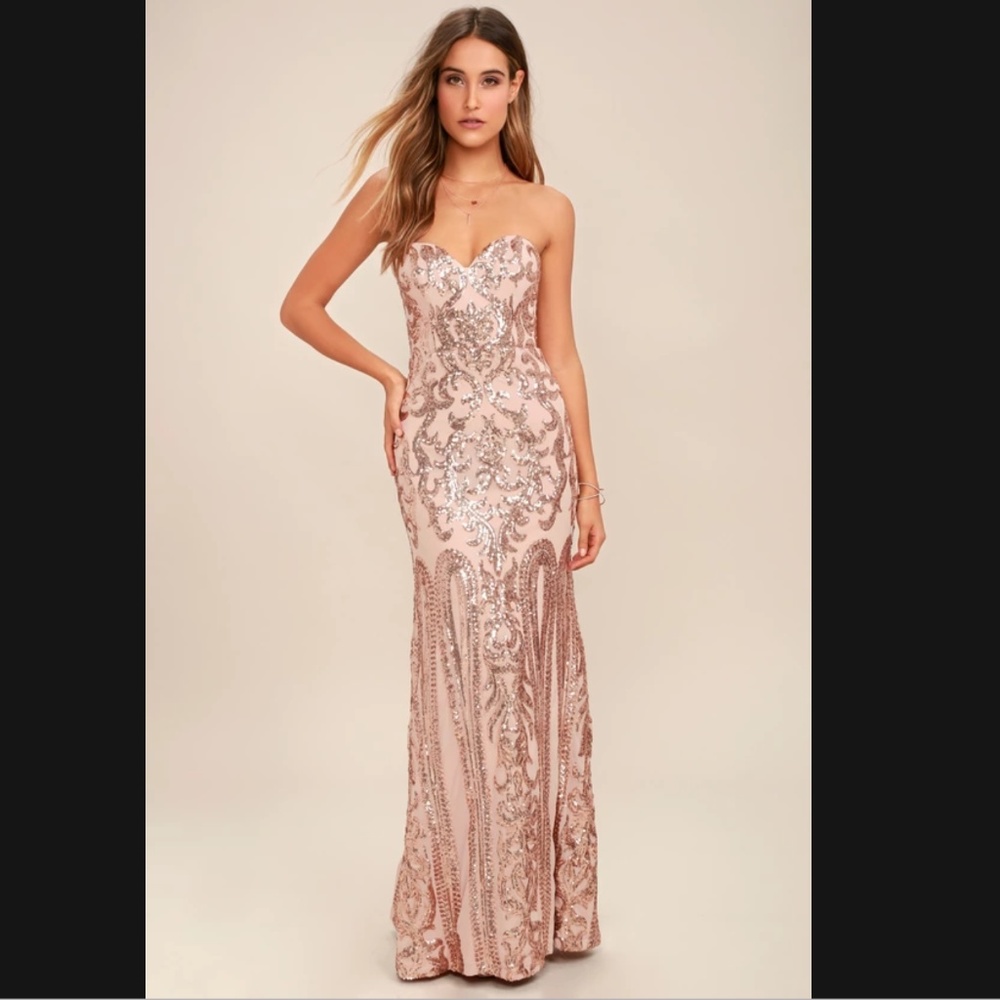 Lulus Rebecca Rose Gold Strapless Sequin Maxi